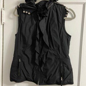 Elie Tahari Black Vest with Ruffles and Zip Off Hood, Size Medium